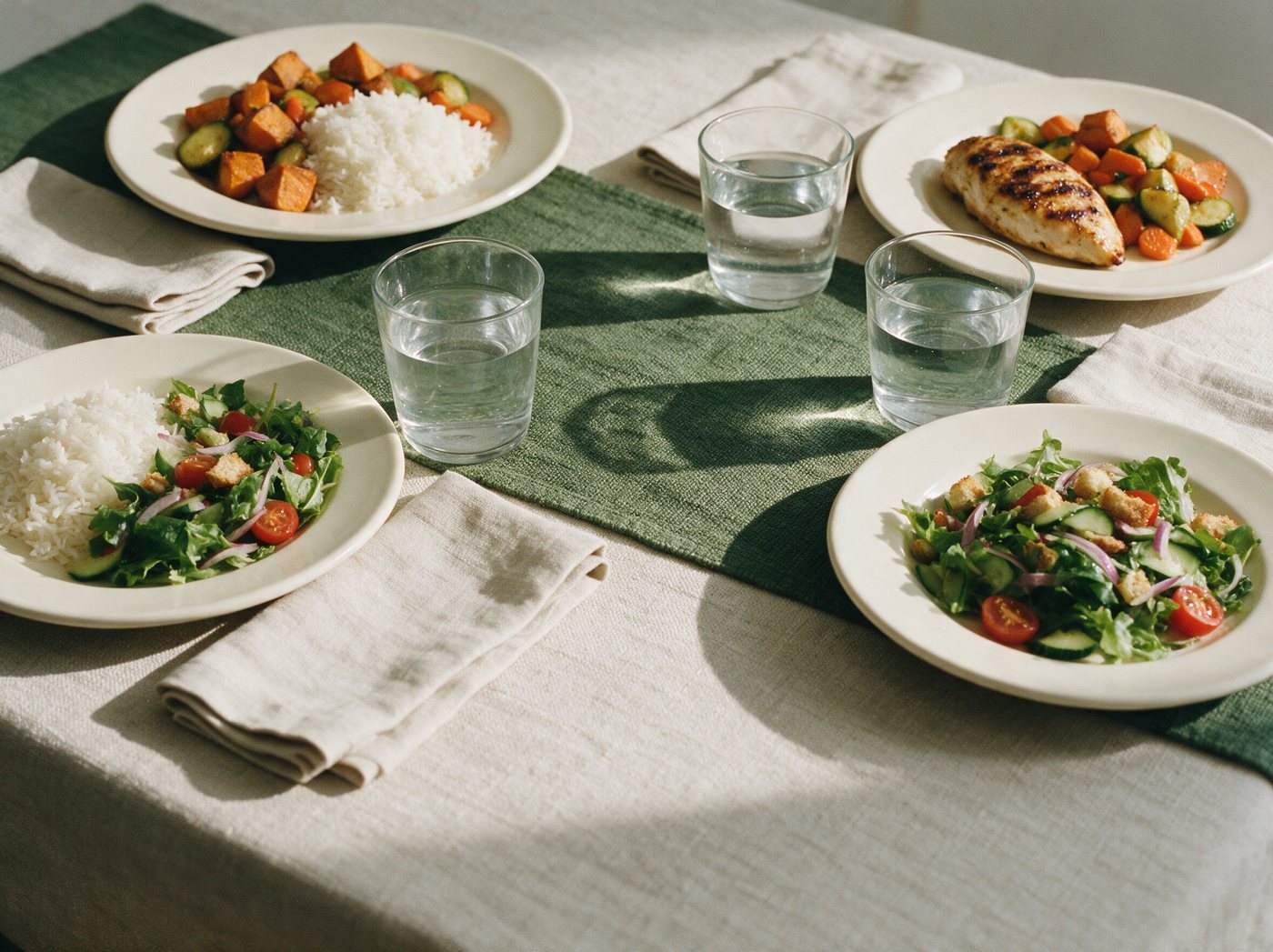 Mesa posta para quatro pessoas com refeição simples servida: arroz, legumes, frango e salada