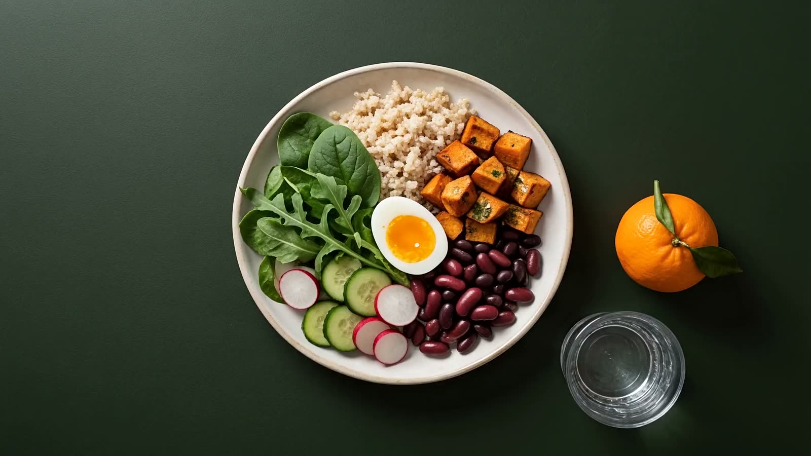 Prato montado com folhas, pepino e rabanete, arroz integral e abóbora, ovo cozido e feijão, com uma laranja e um copo de água ao lado