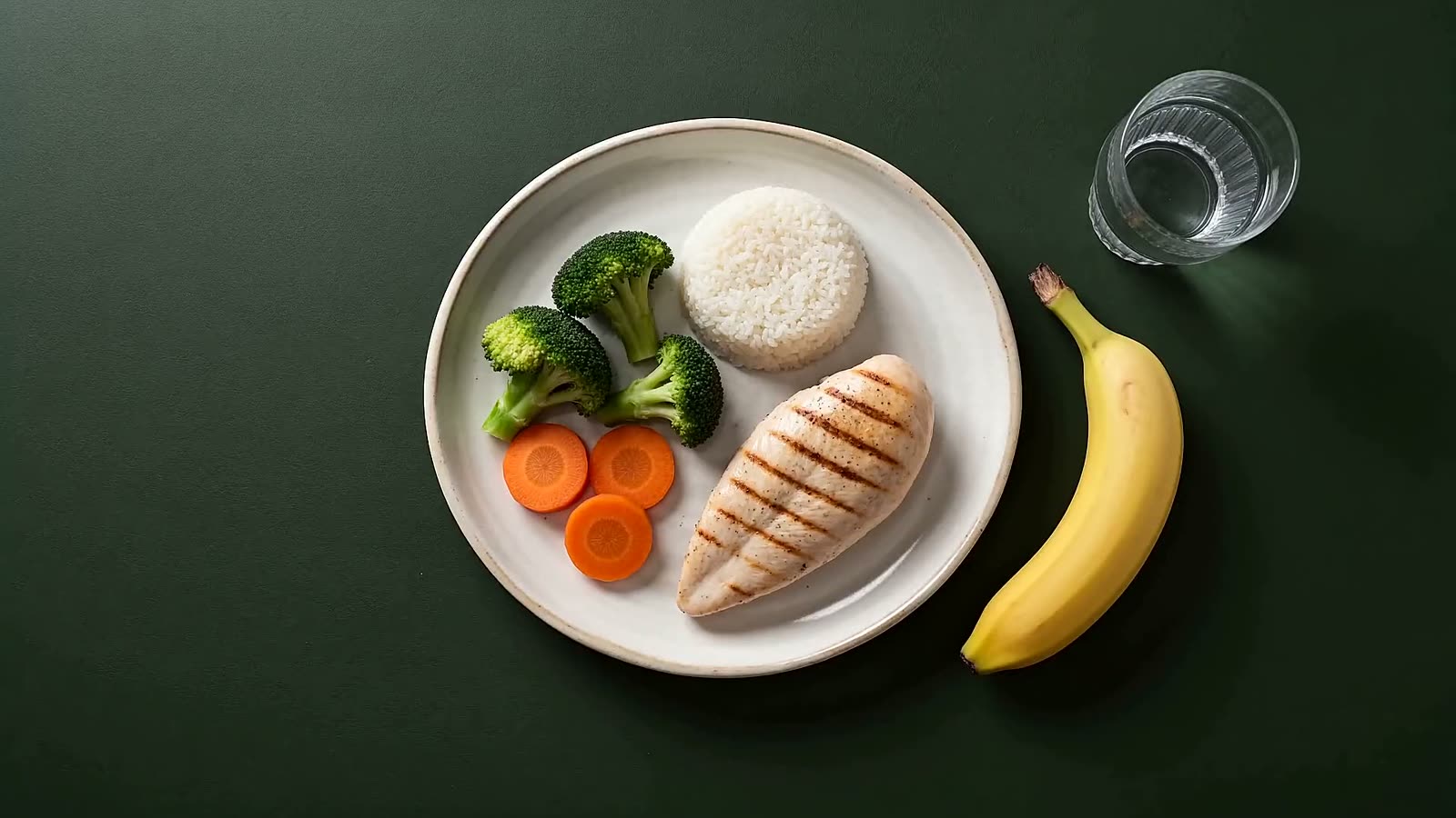 Prato montado com brócolis e cenoura, arroz integral e filé de frango grelhado, com uma banana e um copo de água ao lado