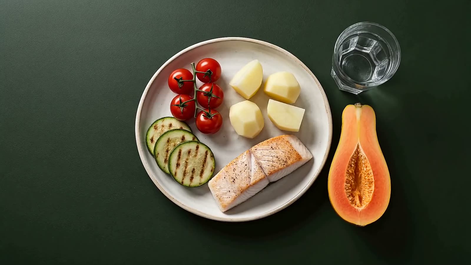 Prato montado com abobrinha e tomate, batata e posta de peixe assada, com mamão e um copo de água ao lado