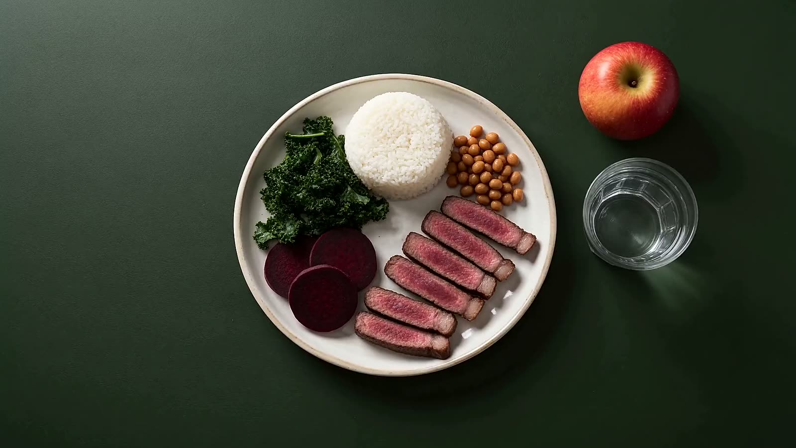 Prato montado com couve e beterraba, arroz e feijão e tiras de carne vermelha magra, com uma maçã e um copo de água ao lado